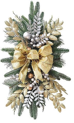 Hiborth Magnifique couronne de Noël avec baies - Guirlande d'escalier avec lumières LED à suspendre pour porte d'entrée - Doré - 45 cm