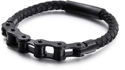 BISONBLUE Armbänder Herren Armband Geschenk Armreif Hip Hop Fahrradkette Charm-Armbänder Für Männer 21 cm Schwarz Gebürstetes Leder