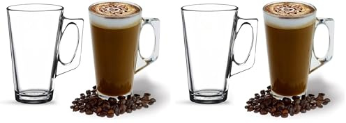 ANSIO Large Latte Glass Coffee Cups - 385ml (13 oz) - Gift Box of 2 Latte Glasses - Compatible with Tassimo Machine (4 Pack)