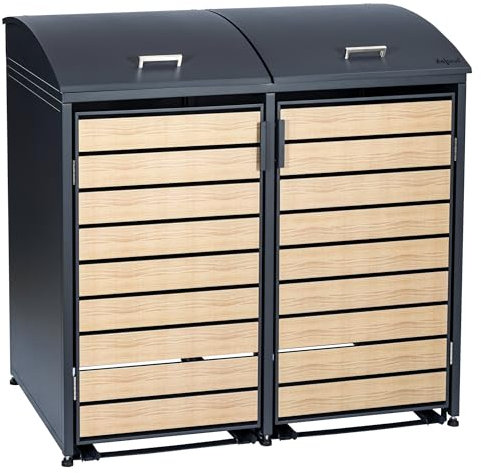 Zelsius Mülltonnenbox 2er Mülltonne mit abgerundetem Deckel | 120-240 Liter | Anthrazit RAL7016 | Tür in Holzoptik mit Erweiterungsmöglichkeiten | Mülltonnenhäusschen, Mülleimerboxen