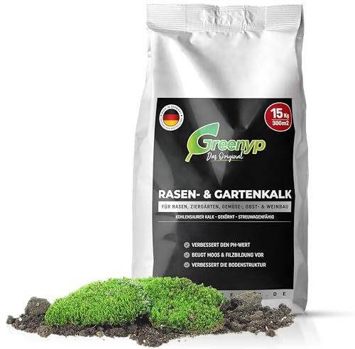 Greenyp Rasenkalk & Gartenkalk I 30kg / 600m² I fein gekörnter kohlensaurer Kalk gegen Moos und Pilze im Rasen I staubarm & ideal für den Streuwagen I verstärkt die Düngung I Rasendünger Frühjahr