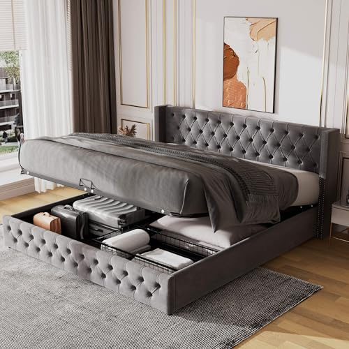 HYUB Polsterbett 180x200cm mit Lattenrost aus Metallrahmen, Hydraulisch Stauraumbett Doppelbett mit Rückenlehne und Bettkasten, Bettunterseite ist mit Schmutzabweisenden Vliesstoff, Grau
