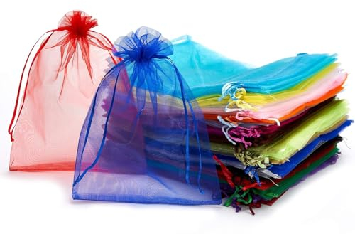 Bluweet 50 Stück Organzasäckchen mit Kordelzug, 10x15cm Schmuckbeutel Farbe Organza Taschen mit Kordelzug Geschenksäckchen für Hochzeit Taufe Party Weihnachten