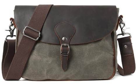 VARLIVOO Umhängetasche für Herren Retro Umhängetasche Wasserdicht Diebstahlschutz Schultertasche Canvas Briefträgertasche für Reise Wandern Akademie Echtes Leder Grün