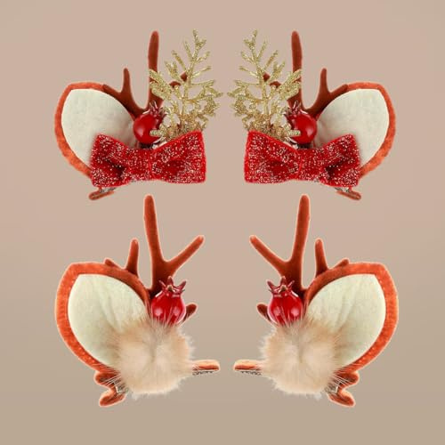 Pince à Cheveux Noel, 4 Pièces Barrette Épingles à Cheveux en Bois de Renne Accessoire de Coiffure de Cerf, Marron Barrettes Clips de Cheveux Cadeau Fête Décoration de Noël pour Enfant Fille Femme