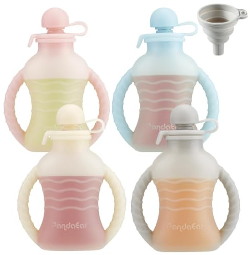 PandaEar 4 Pack wiederverwendbare Silikon-Babynahrungsbeutel, waschbar Gefrierschrank quetschbar Beutel für Kleinkinder Kinder, BPA-frei, 120ml | Waschbar, Gefrierschrank, Auspressbar, für Kinder, BPA-frei, 120 ml, homogenisierte Hülle, Silikon für Neugeborene