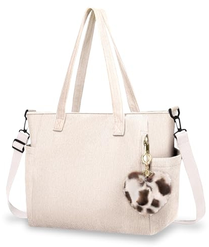 Aucuu Manchesterväska, tygväska för kvinnor, shoppingväska med dragkedja, stor axelväska med för shopping skola arbete resor, beige, 29*20*3.5cm