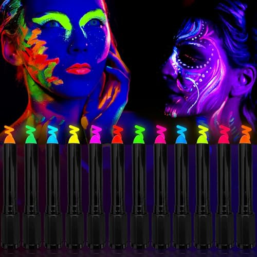 Strehknewen 12 Farben Neon UV Kinderschminke Set,Waschbare Schminkstifte & Schminkfarben, Körperfarbe Buntstifte für Halloween Karneval Fasching, UV Bodypainting Make-up