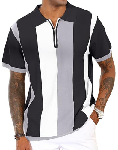 Polo pour homme de mode vintage à rayures tricotées - Chemises de golf à manches longues décontractées, gris, L