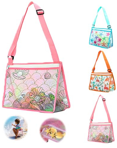 Shyllin Strandspielzeug Tasche,Kinder Badetasche,Mesh Strandtasche,Ideal für Aktivitäten am Meer,am Strand und im Freien,perfekt zur Aufbewahrung von Spielzeug und Strandzubehör(Rosa)