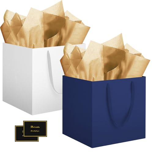 HONTIUS Geschenktüten Groß, 11.8 Quadratische Geschenktüten Geschenktüte xxl mit Taschentuch und Karten, Lächeln Geschenk Tüte Papiertüten mit Henkel 30*30*30cm Gift Bag Bags (Blau und Weiß, 2 Stück)