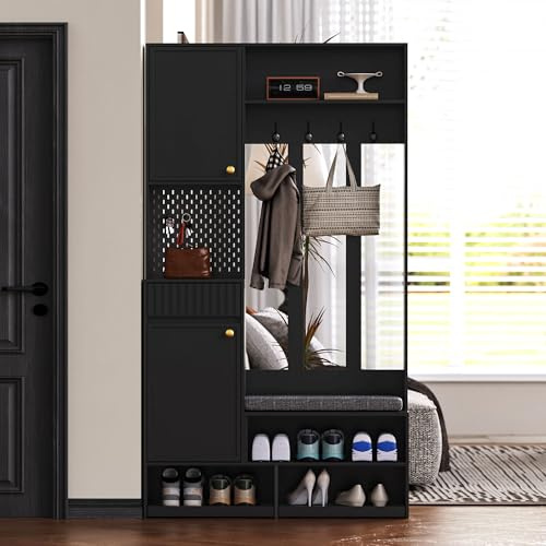 NovaFurnish Garderoben-Set, Wandgarderobe, Flurgarderobe Set mit Schuhbank, Garderoben Set mit 4 Kleiderhaken, Zwei Schubladen und 1 Türen, 100 Lx35 Bx180H cm, Schwarz(Landung)
