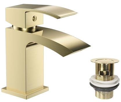 VeeBath Tidal Mono Basin Mixer Tap with Waste – Brushed Brass Finish, Squared Edge Single Lever, Modern Deck Mounted Bathroom Tap, Contemporary Bathroom Mixer Taps for Basins