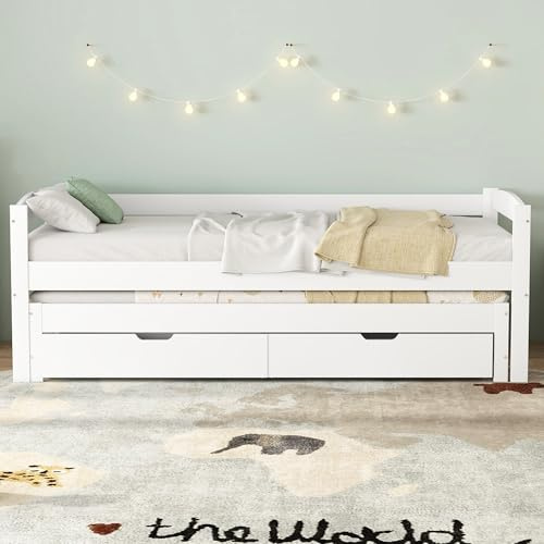 FAYICIC Cama individual y doble, cama deslizante con ruedas inferiores, con 2 cajones de MDF, marco de madera maciza, blanco (200 x 90 cm/190 x 90 cm)