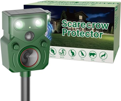 Joomouney Cat Repellent Garden, Ultrasonic Cat Deterrent Solar Animal Scarer Deterrent with PIR Sensor & Flash Light 5 Modes USB Charging, IP65 Waterproof Animal Repellent for Cats, Dog, Fox, Bird