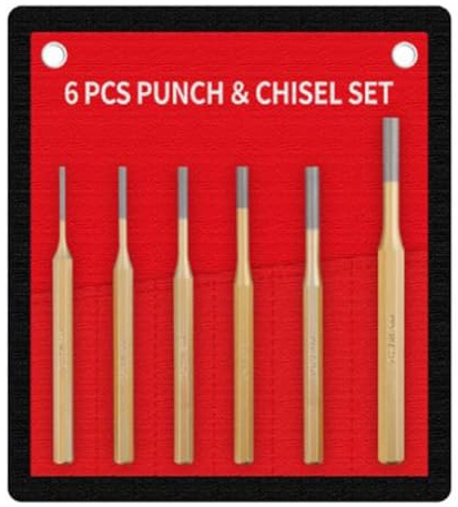 6 Pc Flat Chisel Set with Center Punch for stone, wood, metal, and concrete use, includes storage pouch for easy carrying and organization during construction or crafting work (B)