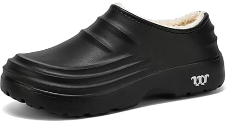 FLIOZY Gefütterte Winter Clogs Damen & Herren – wasserdichte Garten- und Küchenschuhe, rutschfeste Eva Hausschuhe mit Warmem Fleecefutter, Bequeme Arbeits- und Outdoor Pantoletten Black 47/48