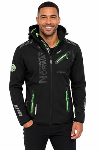 Geographical Norway Chaqueta Softshell Hombre Royaudb Dsitribrands Production Impermeable Cortaviento con Capucha para Exterior Rutas Senderismo Esquí Invierno Otoño Primavera (Negro Verde M)