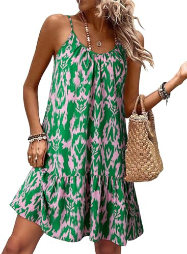 Dokotoo Women's Summer Dresses Fashion Womens Boho Sundresses Sexy Spaghetti Strap Deep V Neck Smocked Ruffle Flowy Sundress Vacation Casual Ladies Mini Dress S-XXL