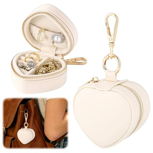 Mikovivi Mini Schmuck Ring Halter Aufbewahrungsbox mit Schlüsselanhänger, Kleine Herz Form Reise Schmuck Organizer Beutel für Ring Ohrring Stecknadel Halskette Aufbewahrungsetui (Weiß)