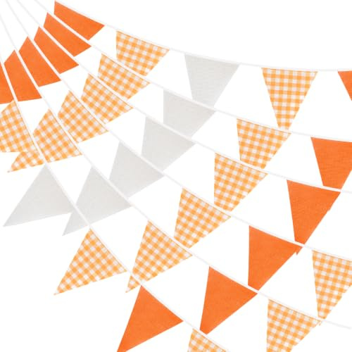 G2PLUS 10m Guirnalda de Banderines Naranja y Blanco,Banderines Decorativo | 36 Banderines de algodón y lino con cuadros para jardín,cumpleaños,bodas,graduaciones y fiestas de otoño