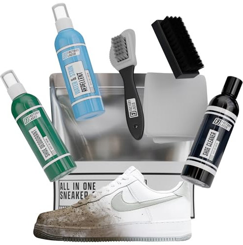 FACTORY LACED Schuhreiniger Sneaker-Set mit 240ml Schuhreiniger, Schuhdeo, flecken- und wasserabweisendes Spray, Putztuch und 2x Schuhbürste - Sicher auf Vinyl, Nubuk, Wildleder und mehr