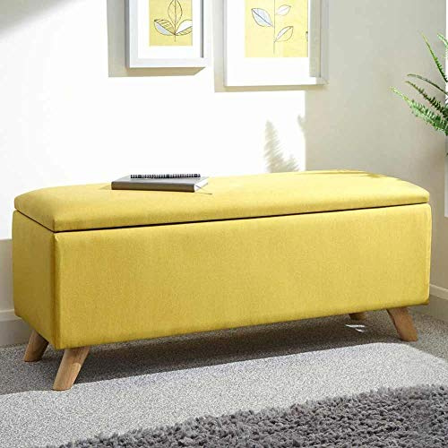 BAKAJI Baúl Puf Contenedor Reposapiés Dormitorio Banco Taburete Estructura de Madera Tapizado en Tela Hopsack Asiento Plegable Acolchado 103 X 40 X 44,5 cm (Mostarda)