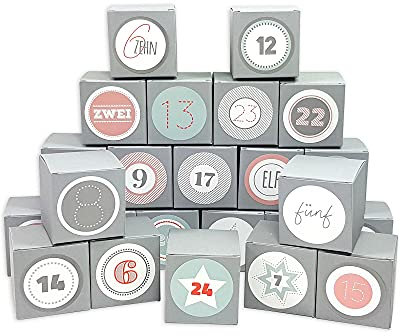 Frau WUNDERVoll® DIY Adventskalender Vorfreude zum Befüllen, 24 Faltschachteln grau 7(L) x7(B) x7(H) cm (gefaltet), XL Ziffern pastell/Weihnachten, Aufkleber, Würfelbox, Faltverpackung, Schachteln