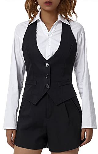 Women Y2K Waistcoat Vest Halter Neck Button Down Dressy Vests Tuxedo Suit Racerback Vintage Streetwear (A-Black, Large)