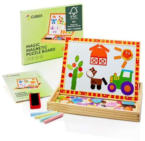 CUBIDI® Montessori Magic Board - Kreatives Magnetisches Holzpuzzle und Kinder Tafel in Einem.Interaktive Magnettafel mit 2 verschiedenen Seiten.Ab 3 Jahre für Jungen Mädchen Kleinkind