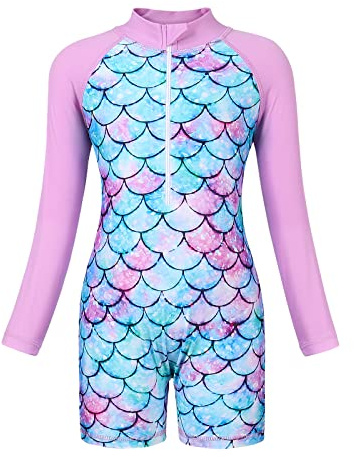 Girls Swimming Costume Girls Swimsuit Kids One-Piece Rash Guard 2-13 Years | UV Protection Long Sleeve Swimming Costumes Mermaid Swimsuits Summer Beach Holiday Childs Swimwear