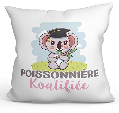 Mugffins Coussins/Oreillers avec Rembourrage pour POISSONNIÈRE Femme - 40x40 cm - en Français - Koalifié/Koalifiée - Cadeau Original