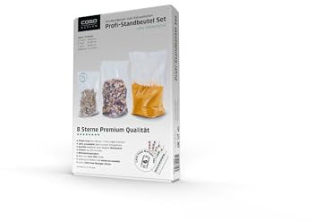 CASO Profi- Standbeutel Set/Vakuumbeutel mit Standboden, ideal für das Vakuumieren von Flüssigkeiten und voluminösen Lebensmitteln, 25 Stk., 3 verschiedene Größen, ca. 150µm, BPA-Frei