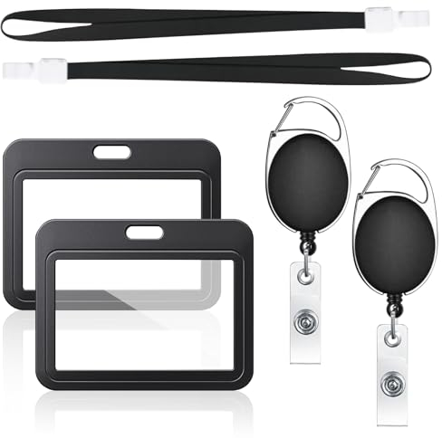 Ausweishülle mit Band 2Set Ausweishalter mit Ausziehbares Schlüsselband Durchsichtigen Hartplastik Ausweishülle für ID Karten,Work ID Badge Holder Card Holder (Schwarz) (horizontaler Stil)