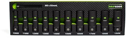 GRIPEDGE Tools | 10-PC – 3/8'' Drive Deep Metric RPT Socket Extractor Set | Sizes 10 – 19 MM | Removes Broken Studs, Stripped Bolts and Lug Nuts | Includes Premium EVA Foam Storage|