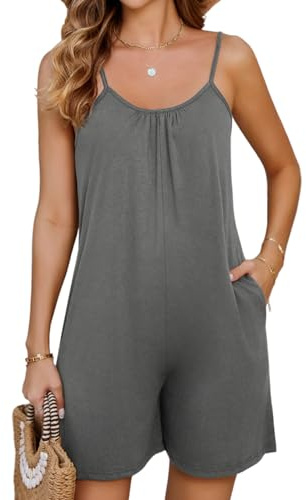 PASUDA Womens Jumpsuit Summer Short Dungarees Casual Sleeveless Playsuit Cotton Romper Adjustable Shoulder Strap Wide Leg Short One-Piece Overall Jumpsuits with Pockets (Grey, XXL)