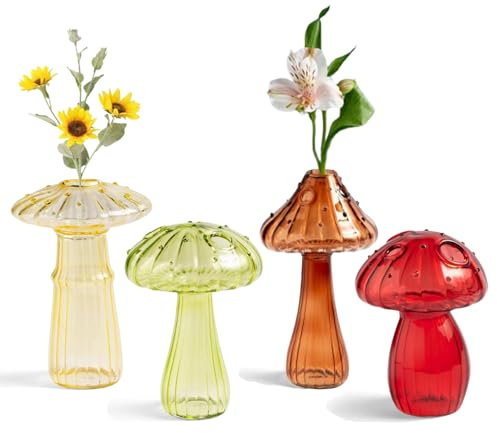 Mushroom Shaped Glass Vase,Set of 4 Colored Plant Propagation Station,Mushroom Glass Planter,Cute Hydroponic Vases for Decorative Centerpiece,Table Decor,Home Wedding Party(#1)