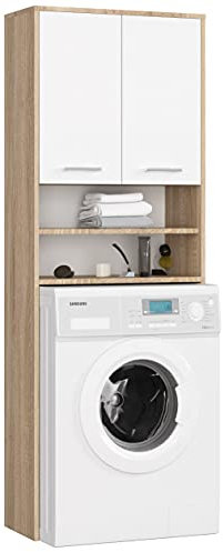 Home Collective Waschmaschinenschrank 64x30x180cm, Badezimmer Hochschrank, mit 2 Türen und 4 Regalen Badschrank Badregal Flur Sonoma weiß