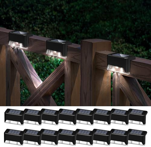 pearlstar Solar Deck Lights,16 Pack Step Light Waterproof LED Stair Lights,Outdoor Solar Fence Light for Deck, Stairs,Step,Yard,Patio,and Pathway (White),Black