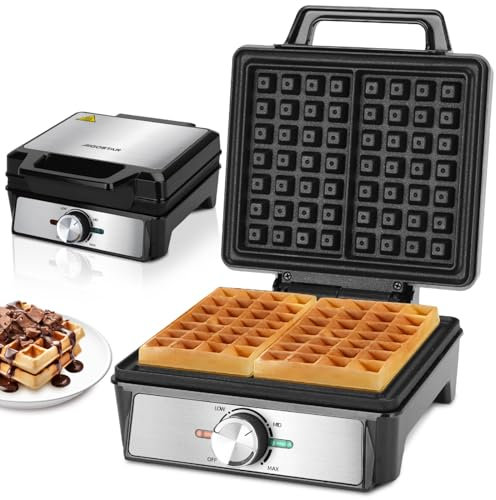 Aigostar Waffle Maker with Deep Fill Anti Spill Plates, 1600W Fast Cooking Waffle Iron with Adjustable Temperature Control, Non-Stick Coating, Cool Touch Handle, Belgian & American Waffles - Savory