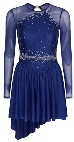 dPois Robe Patinage Artistique Femme Manche Longue Asymétrique Robe Danse Classique Justaucorps Tenue Danse Contemporaine Ballet Adulte Femme S- XXL Bleu Marine M