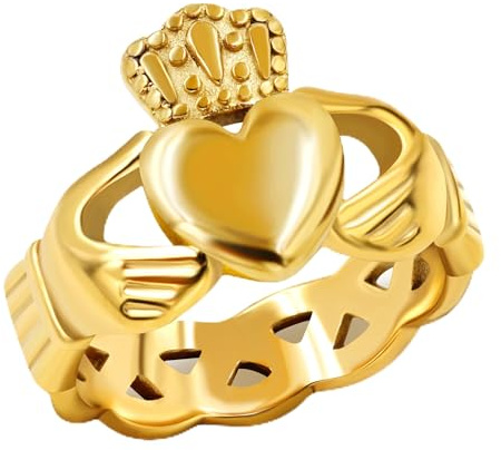 JunyiDIY Goldplattiertes Claddagh-Ring - Edelstahl Herz- und Kronendesign Ringe für Männer und Frauen, Symbolisiert Freundschaft und Loyalität in der Liebe YA4493