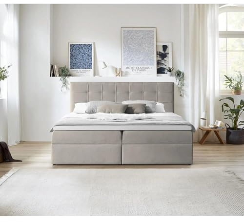 BEAUTY SOFA Canapé-lit Boxspring - Lit avec Matelas Bonell et Surmatelas 5 cm - Deux Grands Coffre de Rangement - Lit Double avec Appuie-Tête pour Chambre à Coucher - Beige (Velo622) - 160x200cm