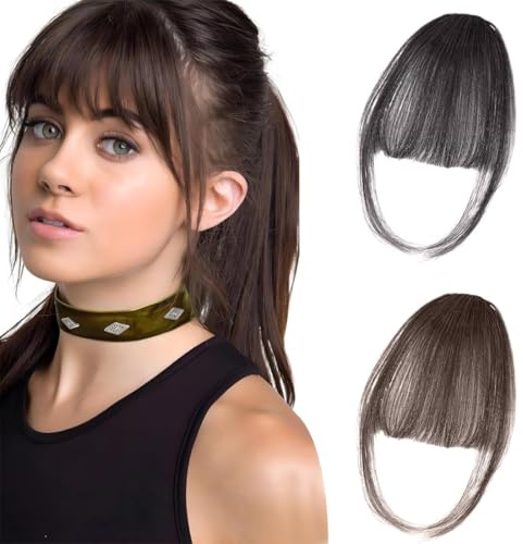 2 Pcs Flequillos Postizos, Clip de Flequillo, Flequillos de Extensiones, Extensiones de Flequillo para Niñas, para Mujeres Color Natural Marrón Claro, Marron Oscuro