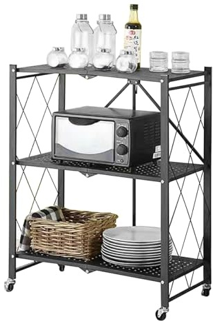CEIEVER Klappbar Servierwagen mit 4 Rollen, Rollwagen klappbar 3/4/5 Etage Mobile Storage Folding Trolley Mikrowellen-Regal Küchenwagen Etagenwagen Regal für Küche Büro (Schwarz, 3 Schichten)