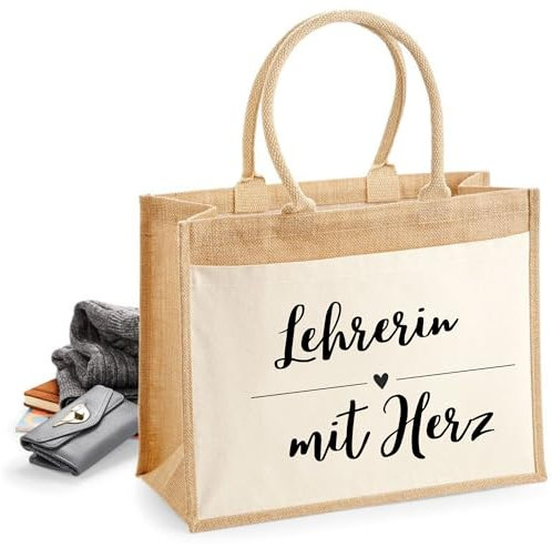 Druckerino XL Jutetasche Lehrerin mit Herz | Abschiedsgeschenk Lehrerin | Einkaufstasche Jute | Lehrerin Geschenk | Abschied Lehrerin | Danke