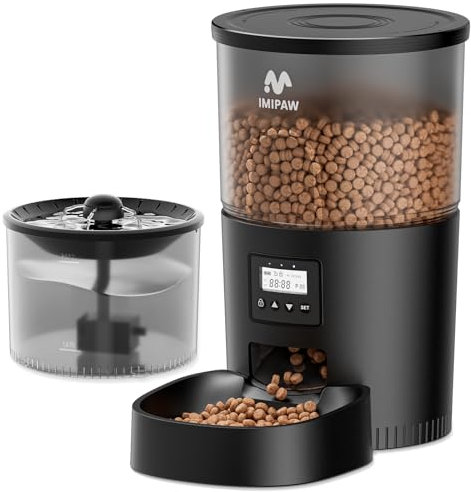 IMIPAW Distributore Automatico di Cibo per Gatti con Fontanella - Combo 3L | Dispenser Programmabile per Cani e Gatti, 1-6 Pasti al Giorno, Fontana con Filtro (Nero)