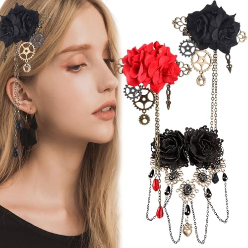 3 PCS Black Rose Hair Clips Crocodile Hair Barrettes Steampunk Tassels Chain Metal Non-Slip Hairpin Tassels Hairclips Vintage Halloween Headdress Accessories for Girls Women