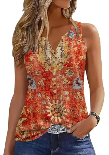 GRMLRPT Camiseta Sin Mangas para Mujer Verano Chaleco Top Cuello V Floral Elegante Camisa Blusa Básica Camisole Shirt Túnica Tank Tops Casual(Naranja,L)