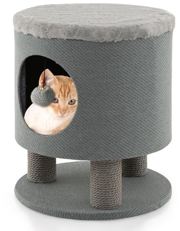 FANTASK 3 in 1 kleine Katzenmöbel, 40x40x47cm, 3 Sisal Katzenkratzbaum & Katzenhöhle & Hocker, Katzenhaus Kletterbaum mit weichem Sitz& Ball, Grauer Katzenkratzbaum